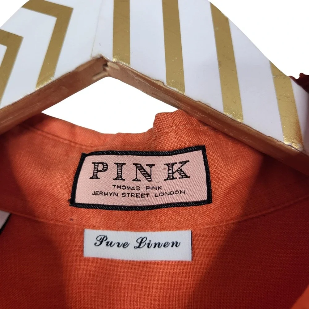 THOMAS PINK Shirt Womens US 12 Orange Pure Linen Button Front Roll‎ Tab Top